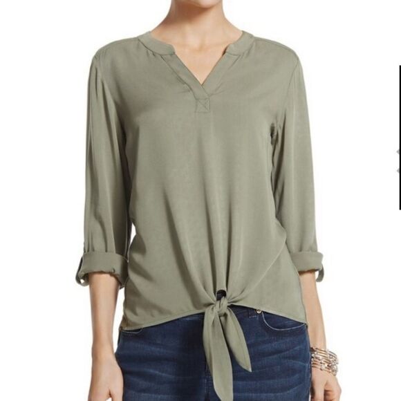 Chico's Madison Tie Front Hi-Low Fatigue Green Long Sleeve Top - Picture 3 of 16